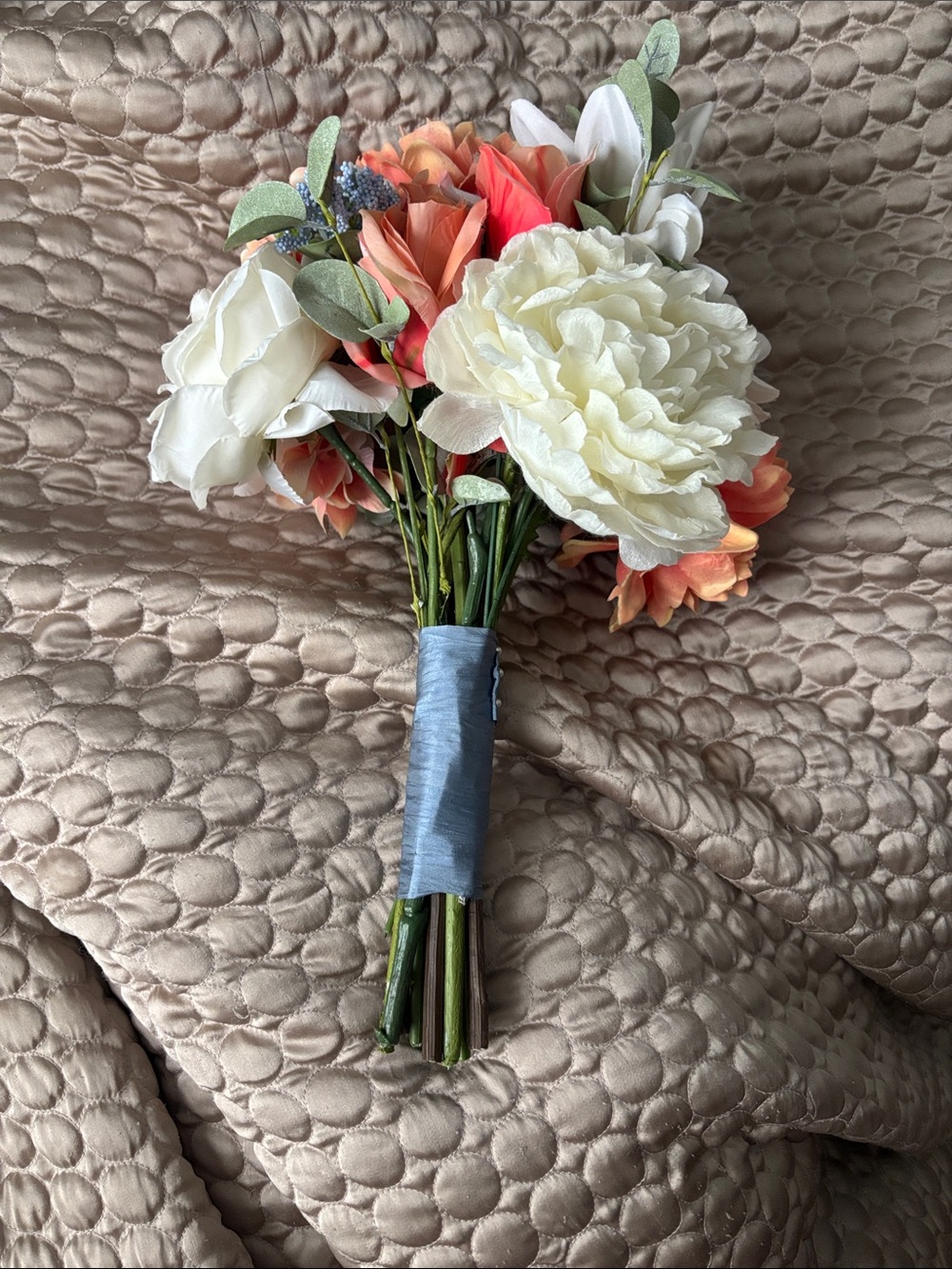 Silk Bridal Bouquet with White and Coral Blooms- bridal or prom